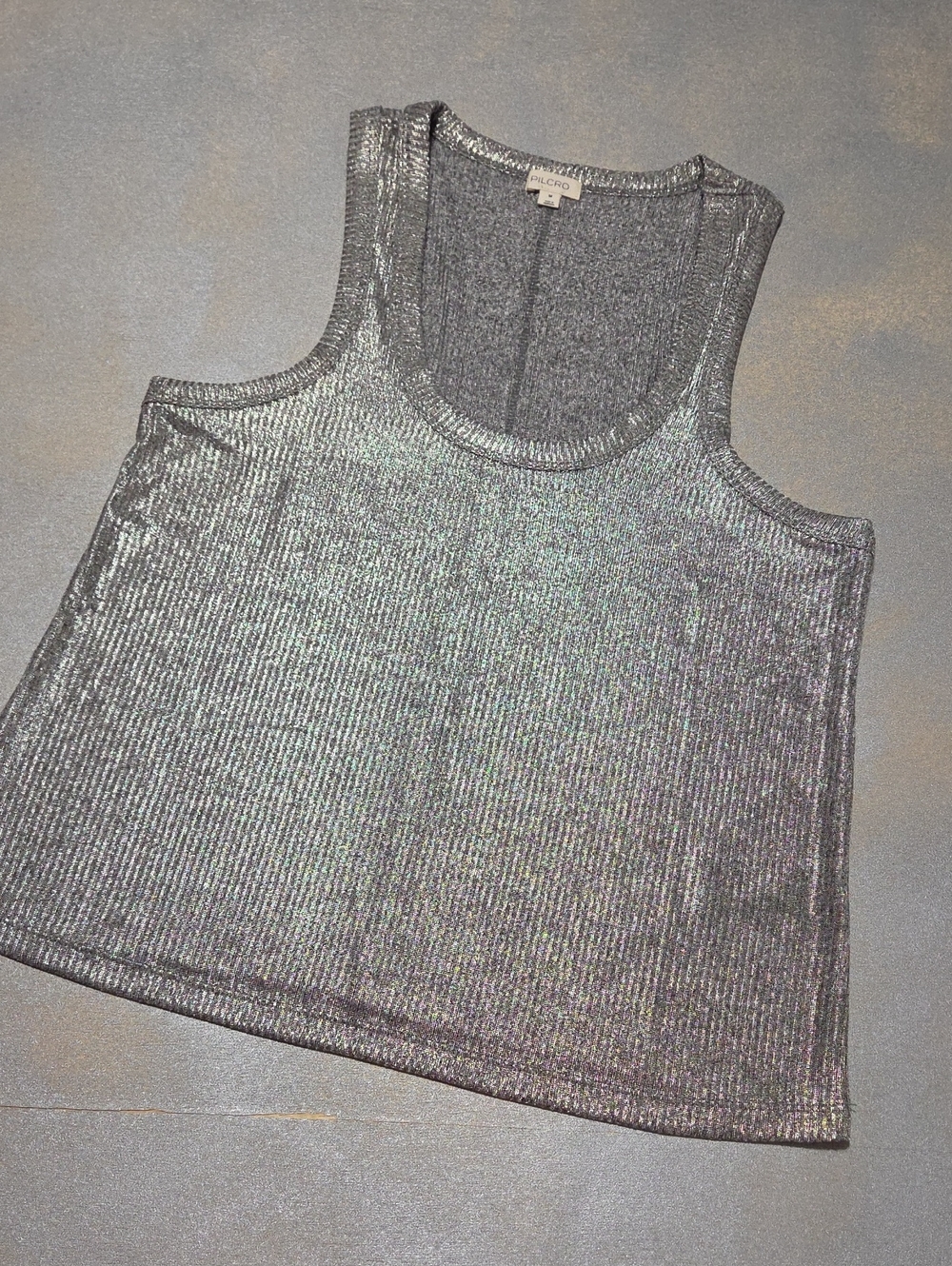 Anthropologie PILCRO.  Silver Metallic Ribbed Tank